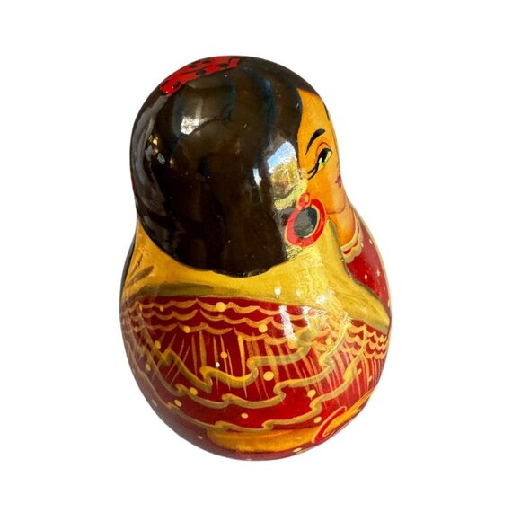 Matryoshka Roly Poly Bell Doll Hand Painted Wooden 5 1/4" Red Gold Folk Art - Picture 6 of 7